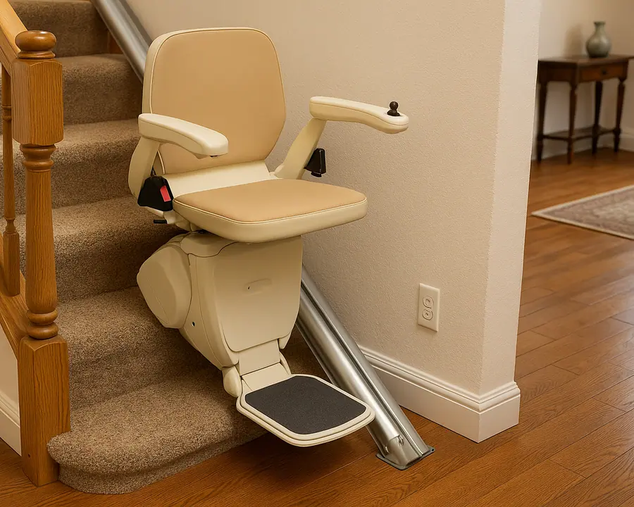 Cream stairlift on a home staircase, illustrating the kind of lift GlideWell helps families choose